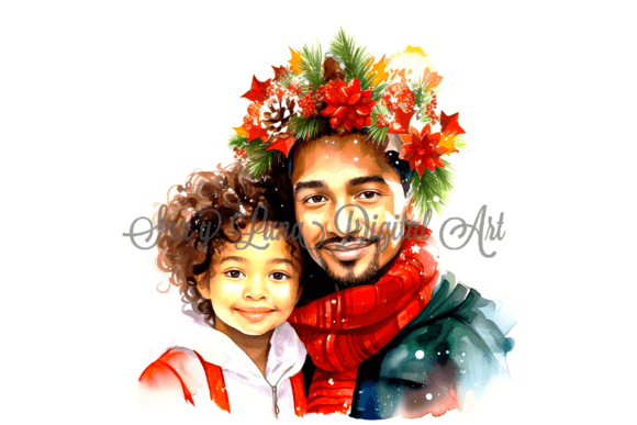 Afro Latino Dad and Son Christmas Illustration