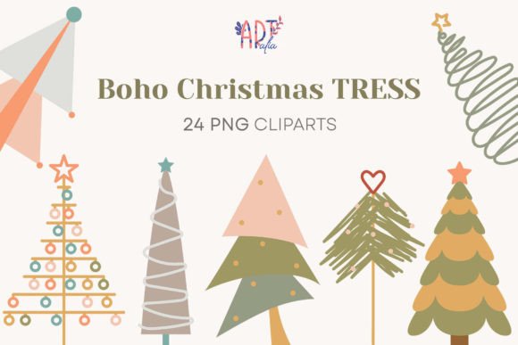Boho Hand Drawn Christmas Trees Clipart for Festive Crafting