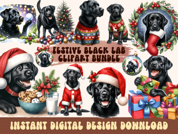 Christmas Black Labrador Clipart Illustrations