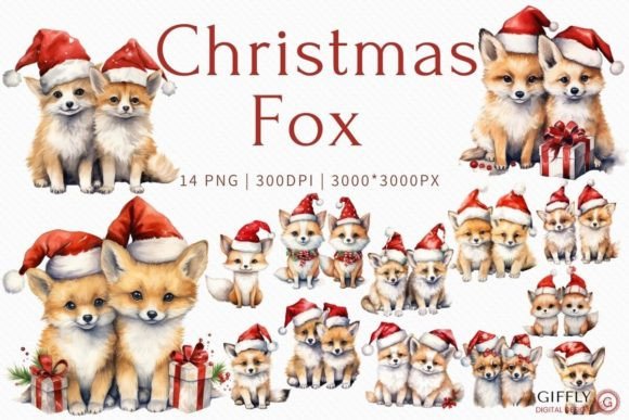 Christmas Cute Fox Watercolor Clipart for Handmade Projects