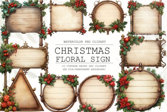 Christmas Floral Wooden Sign Clipart for Illustrations
