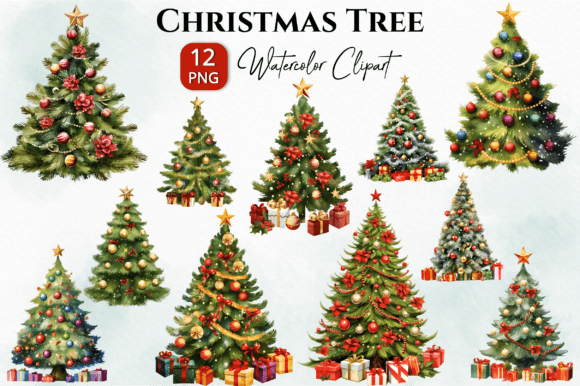 Christmas Tree Watercolor Bundle Png for Branding and Packaging