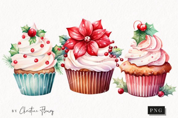 Cute Christmas Flower Cupcake Clipart for Illustrations
