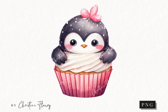 Cute Christmas Penguin Cupcake Clipart Illustrations