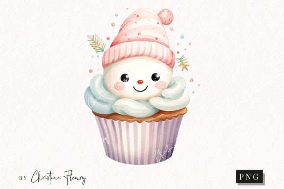 Cute Christmas Snowman Cupcake Clipart Illustrations