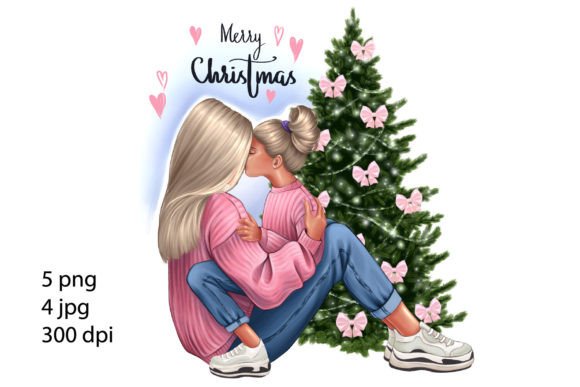 Mom and Daughter at the Christmas Tree Illustration