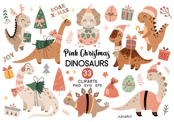 Pink Christmas Dinosaur Clipart for Seasonal Illustrations