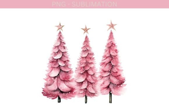 Pink Christmas Tree Digital Download Illustrations
