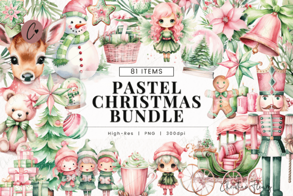 Pink Green Pastel Christmas Illustrations