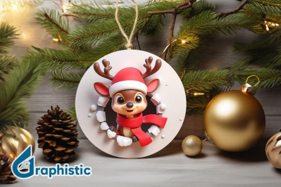 Reindeer 3D Christmas Ornament Front 32 Illustrations