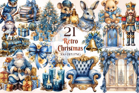 Retro Blue Christmas Clipart for Design Projects