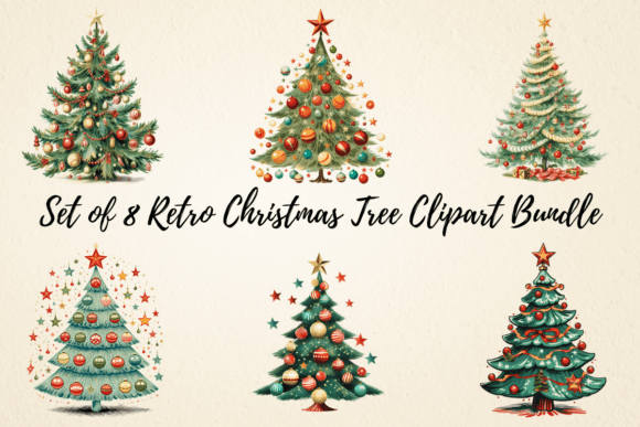 Retro Christmas Tree Clipart Bundle for Illustrations