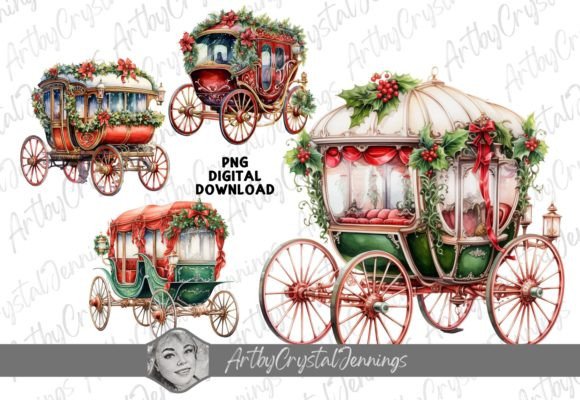 Vintage Christmas Carriage Watercolor Illustration