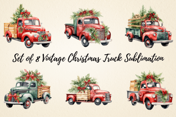 Vintage Christmas Truck Sublimation Illustrations