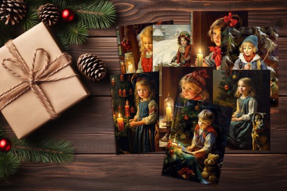 Vintage Style Christmas Card Children Illustrations
