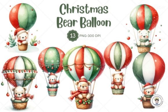 Watercolor Christmas Cute Bear Balloon for Branding and Illustrations