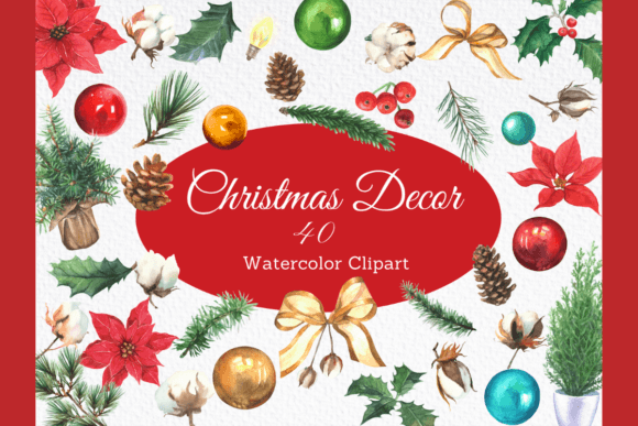 Watercolor Christmas Decoration Clipart for Editorial Use