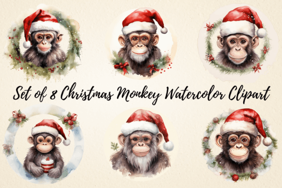 Watercolor Christmas Monkey Clipart for Modern Illustrations