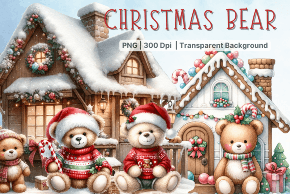 Watercolor Christmas Santa Bear Clipart for Branding and Marketing
