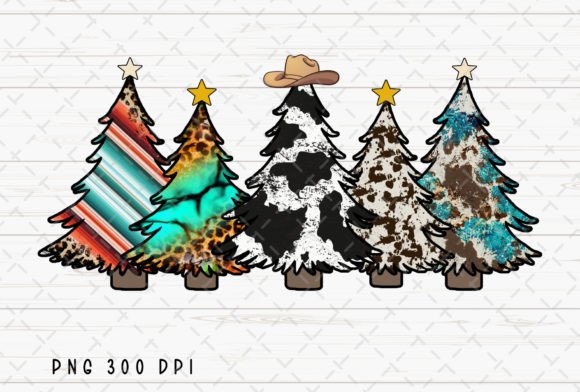 Western Cowhide Christmas Trees PNG for Creative Design